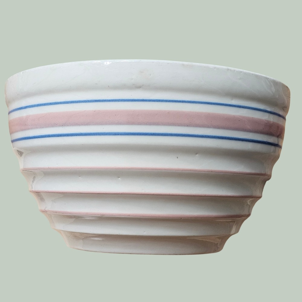 Vintage McCoy Stoneware Mixing Bowl Large 10 in Pink Blue Striped Ribbed Beehive